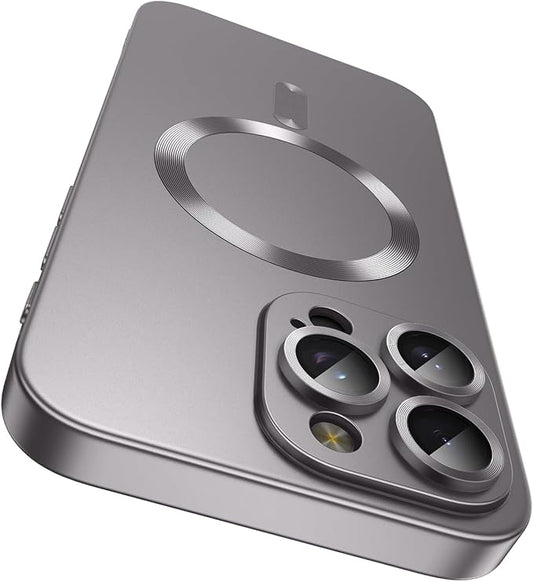 Magnetic for iPhone 16 Pro Case [Compatible with MagSafe][Built-in Camera Lens Protector] Slim Soft Silicone Bumper Shockproof Metallic Phone Case (Titanium Gray)