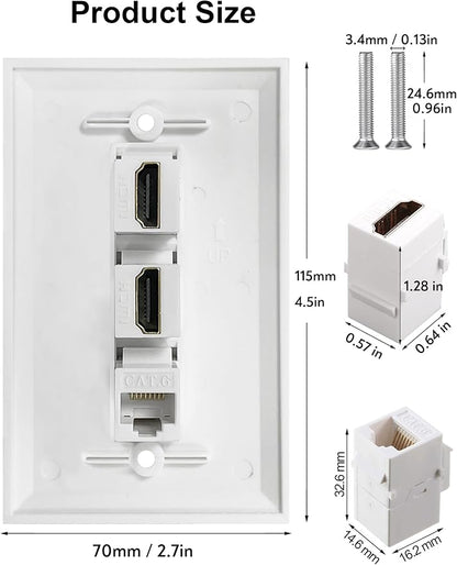HDMI Ethernet Wall Plate - 2 Port 4K HDMI Keystone, 1 Port Cat6 Keystone Wall Plate Female to Female-White