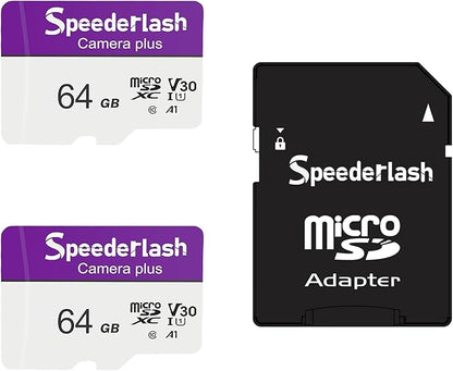 Micro SDXC Memory Card 64GB 2 Pack, Speederlash Camera Plus TF Card with Adapter, Up to 90MB/s Read Speed, 4K UHD&5K Video Support, U1 V30 A1 Rated, Waterproof, for Security Camera, Dashcam, Drones
