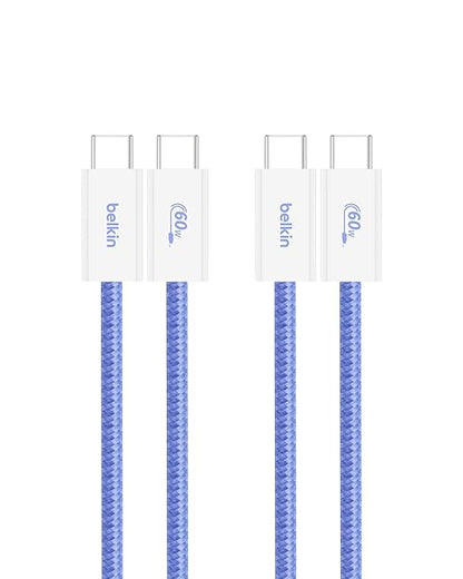 Belkin USB C to USB C Cable 2-Pack, 3.3ft, 60W - Type C Charger, iPhone Charger Cord, Soft, Braided, Flexible for iPhone 16, Galaxy S25, Pixel 9, Airpods, iPad Pro & More, Travel Essentials - Blue