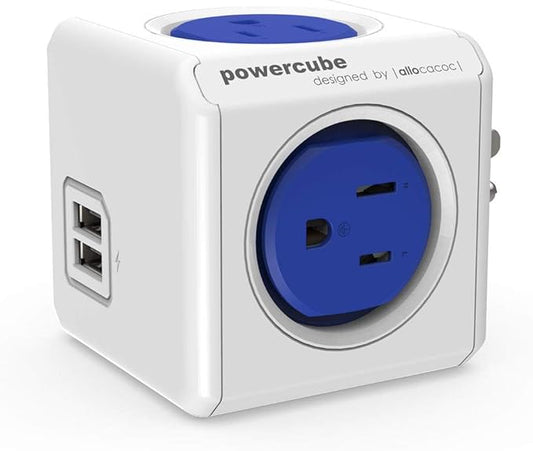 USB Wall Plug, Allocacoc PowerCube Original 4 Outlets 2 USB Ports Phone Charger Power Adapter Surge Protector Compact for Travel, Home Office Dorm Space Saving, 125V 15A 1875Watt ETL Certified Blue