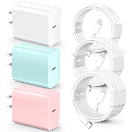 for iPhone 14 13 12 11 Fast Charger, [MFi Certified] 3 Pack 20W USB C Charger Block with 3FT&6FT&10FT USB C to ightning Fast Charging Cable Compatible with iPhone 14/13/12/11/Pro/Pro Max/Xs/Xr/X