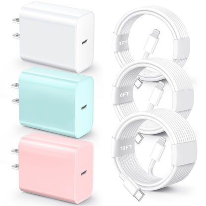 for iPhone 14 13 12 11 Fast Charger, [MFi Certified] 3 Pack 20W USB C Charger Block with 3FT&6FT&10FT USB C to ightning Fast Charging Cable Compatible with iPhone 14/13/12/11/Pro/Pro Max/Xs/Xr/X