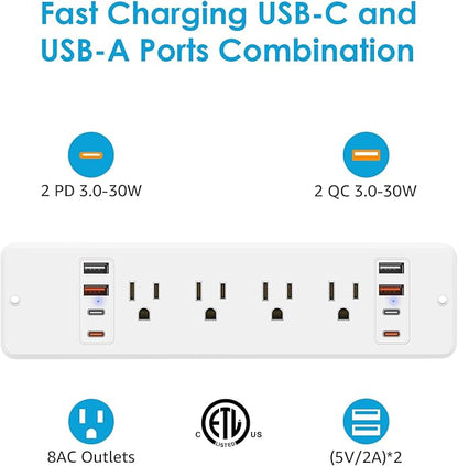 HHSOET 16 in 1 Recessed Power Strip Flat Plug, 30W Fast Charging Furniture Outlet with USB, Conference Recessed Surge Protection with 8 AC Plugs, 4 USB Ports 4 USB-C, 10ft Power Cord.(White)