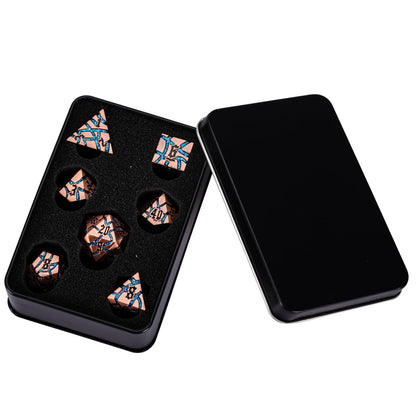 Maywin Cracked Rune Metal Dice Set for DND & RPG – Dark Fantasy Fractured Design, Premium Heavy Metal Polyhedral Dice with Deep Engraved Numbers, 7-Piece Set – Blue Arcane Vein