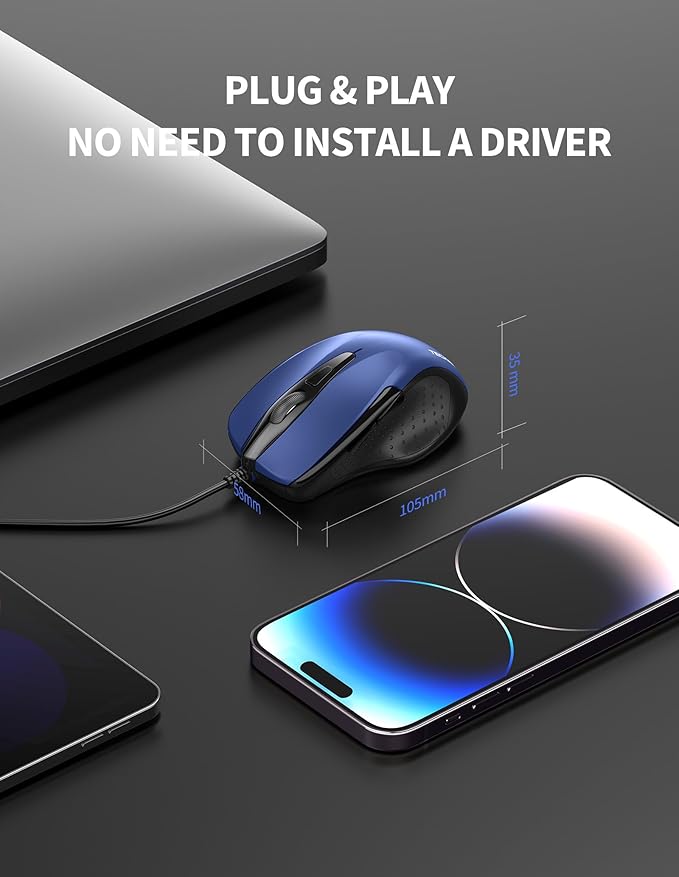 TECKNET USB Wired Mouse, 6-Button Corded Mouse with 4 Adjustable DPI, Optical Computer Mouse with Ergonomic Design and 5FT Cord for Laptop, Chromebook, PC, Desktop, Mac, Notebook-Blue