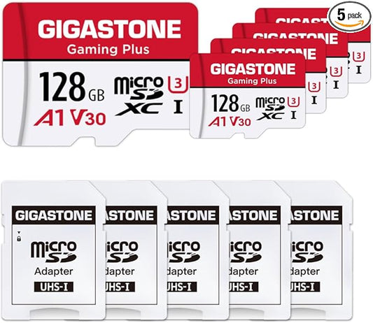 【for Switch 1 Only】 GIGASTONE Micro SD Card 128GB 5-Pack, Gaming Plus, MicroSDXC Memory Card for Nintendo-Switch 1, UHS-I U3 A1 Class 10, up to 100MB/s, with MicroSD to SD Adapter
