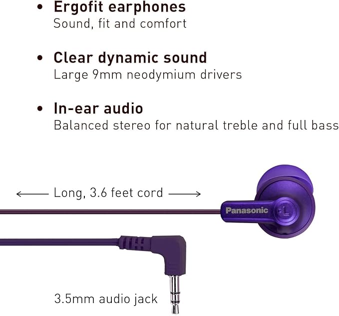 Panasonic ErgoFit Wired Earbuds, 3.5mm Jack in-Ear Headphones with Dynamic Crystal-Clear Sound and Soft Ergonomic Custom-Fit Earpieces (S/M/L), for Phones and Laptops - RP-HJE120-VA (Metallic Purple)