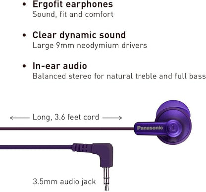 Panasonic ErgoFit Wired Earbuds, 3.5mm Jack in-Ear Headphones with Dynamic Crystal-Clear Sound and Soft Ergonomic Custom-Fit Earpieces (S/M/L), for Phones and Laptops - RP-HJE120-VA (Metallic Purple)