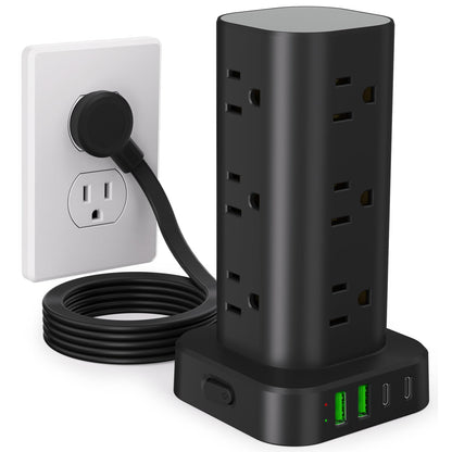 Power Strip Tower with Multiple Outlets, Flat Plug Surge Protector Tower Extension Cord with 12 AC Outlets 4 USB Ports (2 USB C), 6FT Cord Power Tower Surge Protector for Home Office Dorm Room, Black