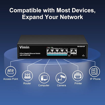 4 Port Gigabit PoE Switch with 1 Uplink Gigabit Ports, VIMIN 5 Port Unmanaged Ethernet PoE Switch with 72W Power, Support IEEE802.3af/at, VLAN, Metal Housing, Desktop or Wall-Mount, Plug & Play