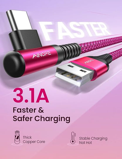AINOPE Type C Cable [2-Pack, 6.6ft] 3.1A Type C Charger Fast Charging Right Angle, Resistant Nylon Braided S9 Charger Compatible with Galaxy S10 S9 Plus S21, Note 10 9 LG, USB C Cable