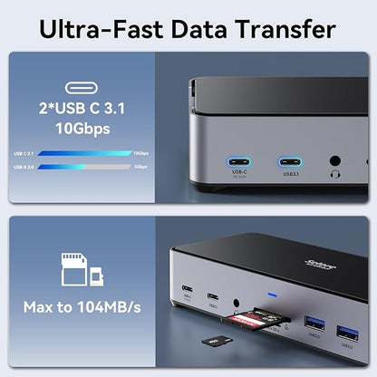 USB C Docking Station 3 Monitors Laptop Dock Dual Monitor with 2 HDMI DisplayPort 4K144Hz,USB A 2.0/3.0,USB C 3.1 10Gbps&30W Output,Ethernet,MicroSD&SD,Audio&Mic,150W DC Power for Dell/Lenovo/HP