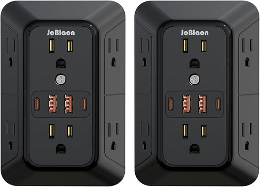 2 Pack Multi Plug Wall Outlet Extender Surge Protector 6 AC Outlet Splitter with 4 USB Ports(2 USB C) Wall Charger 1050J Power Strip 125V/15A, 1875W for Home, Office, Travel Dorm Room Essentials-ETL
