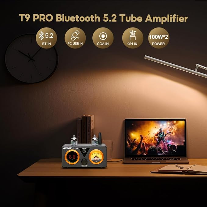 AIYIMA T9 PRO 200W Bluetooth Amplifier HiFi Digital Class D Power Amp 2.0/2.1 Channel Vacuum Tube DAC Amp with VU Meter & Bass Treble Bluetooth 5.2 Coaxial Optical PC-USB inputs (AIYIMA T9 PRO)