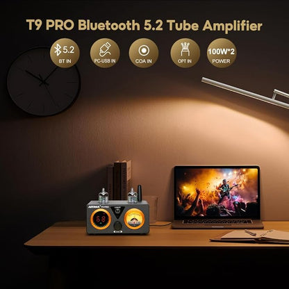 AIYIMA T9 PRO 200W Bluetooth Amplifier HiFi Digital Class D Power Amp 2.0/2.1 Channel Vacuum Tube DAC Amp with VU Meter & Bass Treble Bluetooth 5.2 Coaxial Optical PC-USB inputs (AIYIMA T9 PRO)