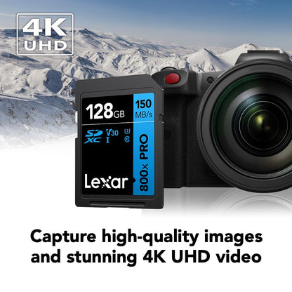 Lexar 128GB (2-Pack) High-Performance 800x PRO SD Card, UHS-I, C10, U3, V30, 4K, Up to 150MB/s Read SDXC Memory Card, for Point-and-Shoot & Mid-Range DSLR Cameras, HD Camcorders (LSD0800P128G-B2NNU)
