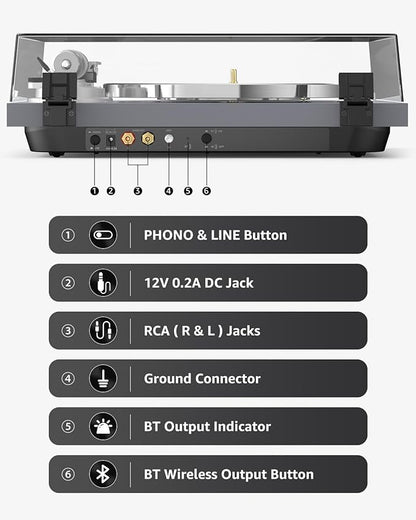 Turntable Record Player Wireless Output Carbon Fiber Tonearm Vinyl Player Aluminium Platter Belt-Drive LP Turn Tables 33 1/3&45 RPM Phono Level Audio RCA Line Output AT-3600L MM Cartridge Grey