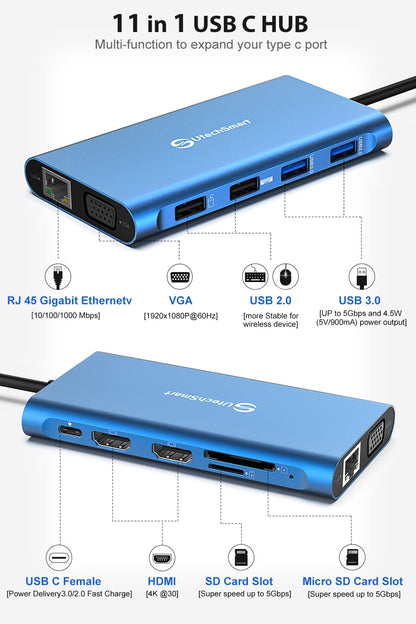 UtechSmart 11 in 1 Docking Station, Triple Monitors USBC Laptop Docking Station with 2 HDMI, VGA, PD3.0, SD TF Card Slot, 4 USB Ports USB-C Adapter Compatible for MacBook & Windows(Blue)