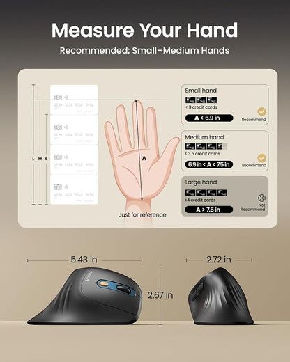 ProtoArc Ergonomic Vertical Mouse, EM11 NL Rechargeable Wireless Mouse Bluetooth, Ergo Mice with 3 Multi-Device for PC/Notebook/Laptop, 2.4GHz Optical Mice for Windows, Mac OS, Blue