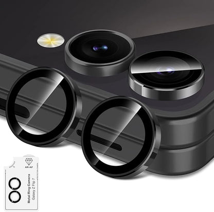 for Samsung Galaxy Z Flip 7 Camera Lens Protector, Individual Metal Ring Tempered Glass Lens Cover, [Strong Adsorption] Scratch Resistant Ultra-Thin HD Clear Lens Cover, 1 Set-Black Ring