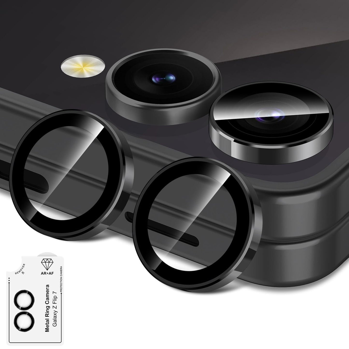 Avocase for Samsung Galaxy Z Flip 7 Camera Lens Protector, Individual Metal Ring Tempered Glass Lens Cover, [Strong Adsorption] Scratch Resistant Ultra-Thin HD Clear Lens Cover, 1 Set-Black Ring