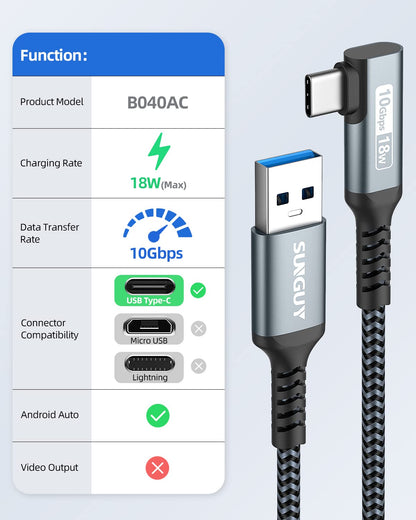 SUNGUY USB C Android Auto Cable 5FT, 3A USB C 3.1 Gen 2 to USB Cable 10Gbps Data Transfer, Right Angle USB to Type C Fast Charging for iPhone 16/15 Series, Samsung Galaxy S24/S23, Pixel