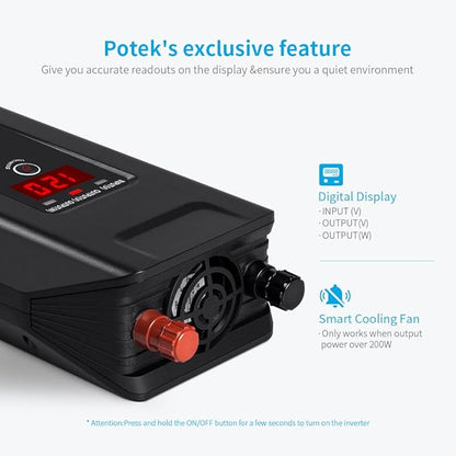 POTEK 750W Power Inverter 12V DC to 110V AC Car Adapter with Two USB and AC Charging Ports for Laptop,Tablet, Smartphone,Camera and More