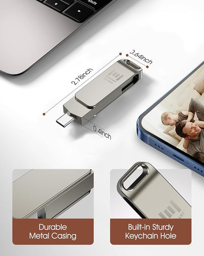 MOSDART 128GB USB3.1 Fast Speed C and A Dual Flash Drive, exFAT Memory Stick with Keychain Loop, for iPhone 15 and 16, Android Phone, iPad, MacBook, Silver