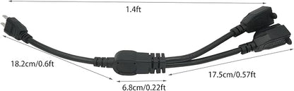 Y Splitter Extension Cord, 1.4FT 2 Way 1 to 2 Splitter Extension Cord, 3 Prong SJT 16AWG NEMA 5-15P to NEMA 5-15R x2, Male to Female Power Cord Cable Wire Extender Space Saver, 125V 13A 1625W, Black