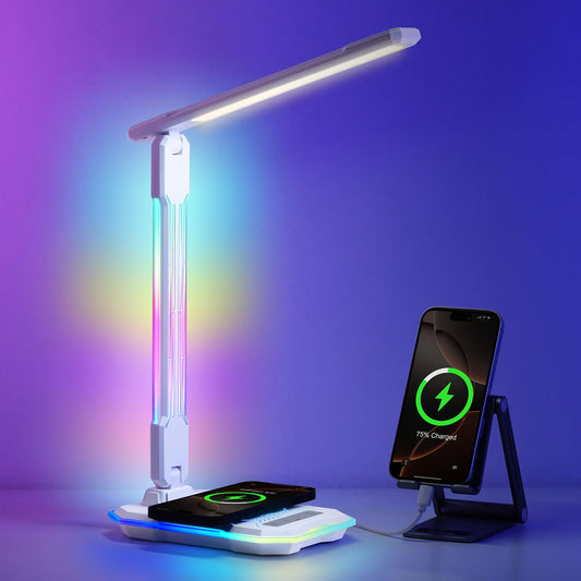 WILIT Desk Lamp for College Dorm Room, RGB Gaming Desk Light with Wireless Charging & USB Port, Gamer lamp Sound Reactive,3 Color Modes 5 Brightness,Reading Lamp Touch Control for Home Office,Study