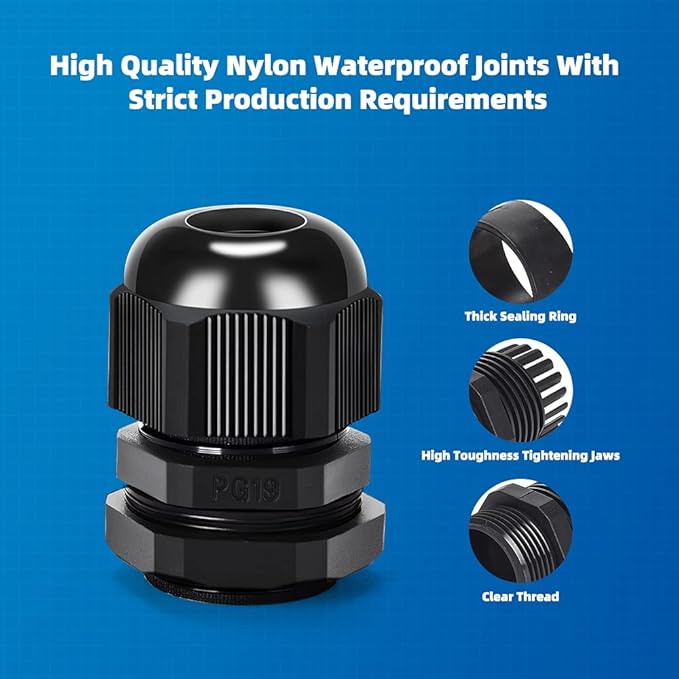 Nylon Cable Gland Kit, CGELE 50 Pack Plastic Waterproof Adjustable Connector 3-16mm Strain Relief Cord Connectors Joints Nylon with Gaskets PG7 PG9 PG11 PG13.5 PG16 PG19