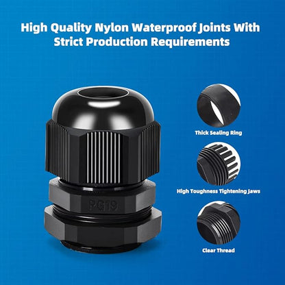 Nylon Cable Gland Kit, CGELE 50 Pack Plastic Waterproof Adjustable Connector 3-16mm Strain Relief Cord Connectors Joints Nylon with Gaskets PG7 PG9 PG11 PG13.5 PG16 PG19
