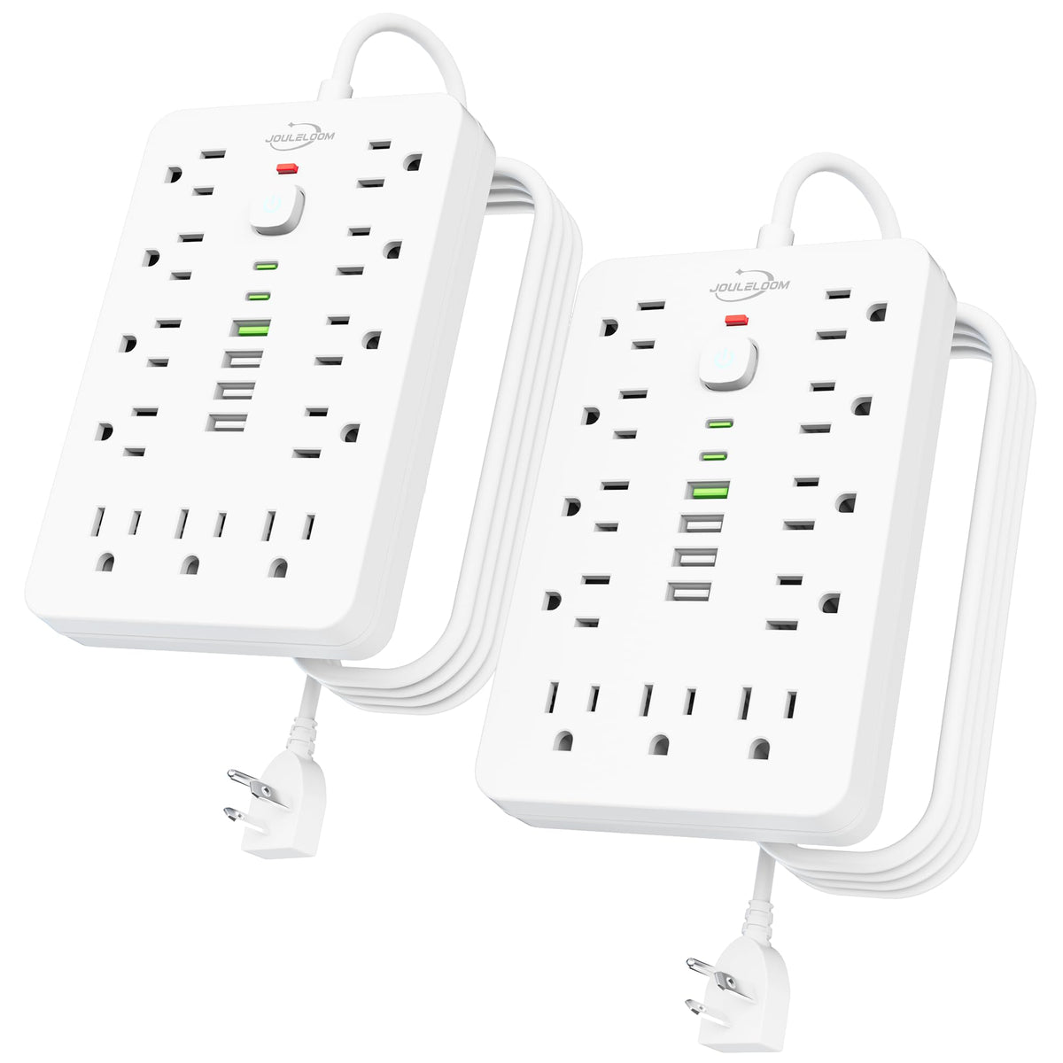 JouleLoom 10 FT Flat Plug Power Strip,11 Multiple AC Outlets with 6 USB Ports (2 USB C), 6 Feet Extension Cord, 1250W/10A, One Touch Switch Button, White
