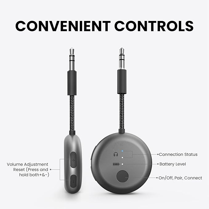 Avantree SoundJet R1 – Airplane Bluetooth Adapter for Headphones & AirPods, aptX Adaptive, Qualcomm Chipset, 20H Battery, Wireless Audio Transmitter for in-Flight Travel Essentials - Metallic Black