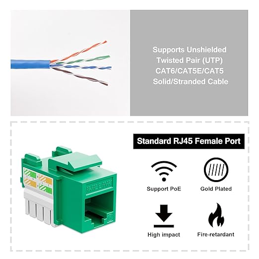 iwillink 10Gbps Cat6 Keystone Jack, RJ45 Keystone Jack 25-Pack and Keystone Punch-Down Stand, UTP Modular Ethernet Jack Insert 90-Degree, Punch Down Keystone Jack Adapter, Green