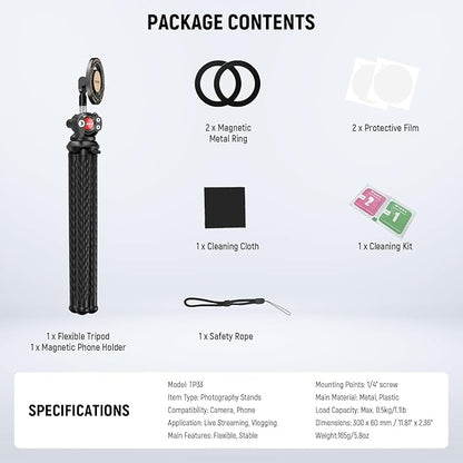 NEEWER Magnetic Flexible Phone Tripod Compatible with Magsafe iPhone 15 Pro Max 14 Series Android, Mini Vlog Cellphone Tripod Stand with Ball Head for Stroller Bike Motorcycle Tube Round Objects, TP33