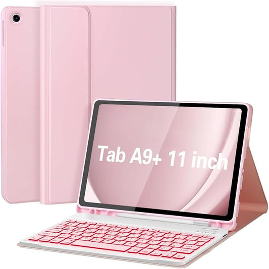 Keyboard Case for Galaxy Tab A9 Plus 5G 11 Inch 2023 (SM-X210/X216/X218), 7 Color Backlit Detachable Tablet Keyboard Cover with S Pen Holder for Samsung Galaxy Tab A9+ 11" (Pink)