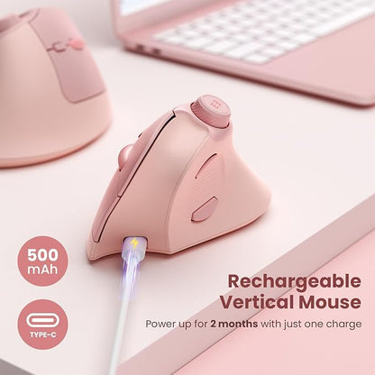 seenda Ergonomic Mouse Rechargeable, USB+Dual Bluetooth, MOU-302 Vertical Wireless Mouse with Volume Knob, Quiet Clicks, Multi-Device Cordless Mice Compatible for Windows, PC, Laptop, Mac OS, Pink