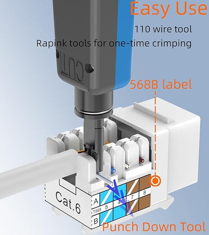 Rapink RJ45 Keystone Jack Cat6 10G Support, Keystone Jacks UTP 10 Pack for Wall Plate and Patch Panel, Rj45 Keystone 90 Degree White Color for Cat6, Cat5e, Cat5 Cabling
