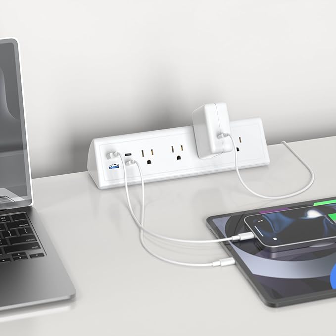 Jgstkcity Desk Clamp Power Strip,20W Fast Charging Station,Surge Protector Nightstand Edge Mount,1875W Extension Cord with Multiple Outlets,2 USB-C,2 USB-A,for Home Office (White, 6 FT)