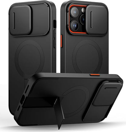 SURITCH for iPhone 14 Pro Max Case with Magnetic Camera Slide Cover and Adjustable Kickstand, Compatible with MagSafe, Shockproof Bumper Case Slim Protective Cover 6.7 Inch, Black