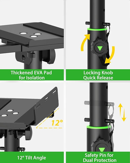 Set of 2 Dual Side Clamping Studio Monitor Stands Desk Clamp Speaker Stands 0-12°Tilt Height Adjustable Extendable Top Plate Mounted by Screws