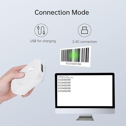 New Wireless Mouse Barcode Scanner, 2-in-1 Design 2D Handheld Barcode Scanner with Wireless Mouse Functions for POS System,Store,Supermarket, Warehouse.(White)