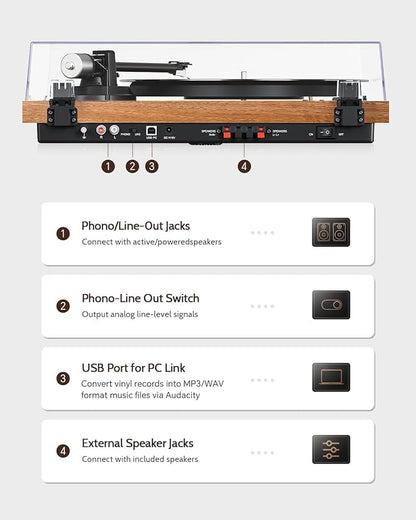 1 by ONE Bluetooth Turntable HiFi System with 36 Watt Bookshelf Speakers, Patend Designed Vinyl Record Player with Magnetic Cartridge, Bluetooth Playback and Auto Off
