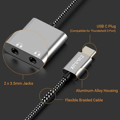 Cubilux USB C Dual Headphones Splitter, Type C to Double 3.5mm Audio Splitter, 2-Way Earphone Adapter for Android Phone, Tablet