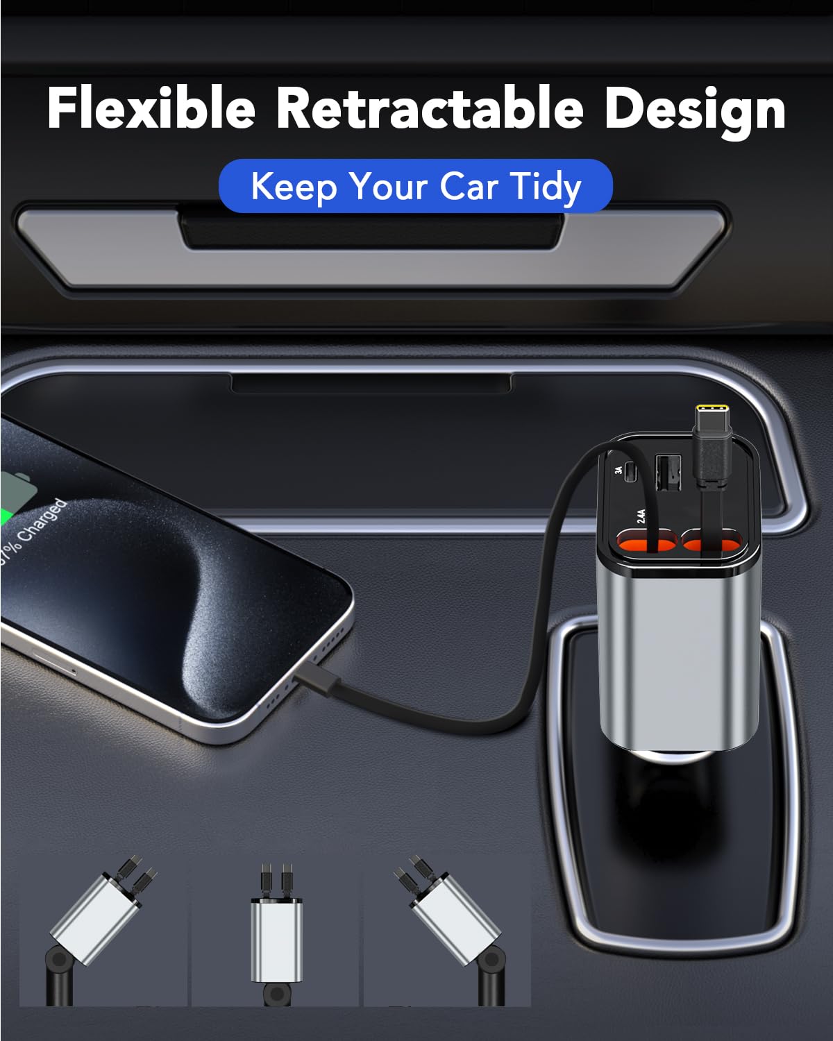 84W Retractable Car Charger,Car Phone Charger USB C Fast Charge for iPhone