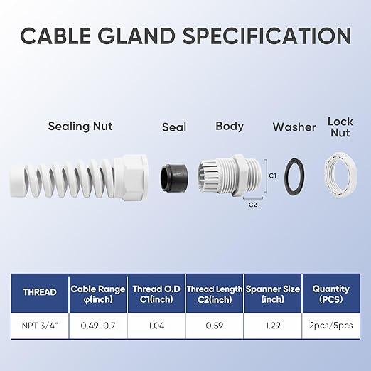 Strain Relief Cord Connector,LISTENJIALE 2Pcs NPT 3/4" Waterproof Cable Gland Flex Spiral Strain Relief Adjustable 12.5-18mm Cable Connector Nylon Joint with Gaskets(Grey)
