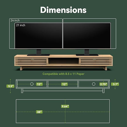 Dual Monitor Stand Riser with Sliding Door, Double Computer Laptop Stand Desk Shelf Organizer with Storage (Natural Bamboo, 38 Inch)