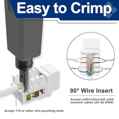 Cat6 Keystone Jacks 12-Pack, RJ45 Keystone Jack 90 Degree Punch Down, Ethernet Jack for Cat6, Cat5e, Cat5 Cabling, Slim Profile in White